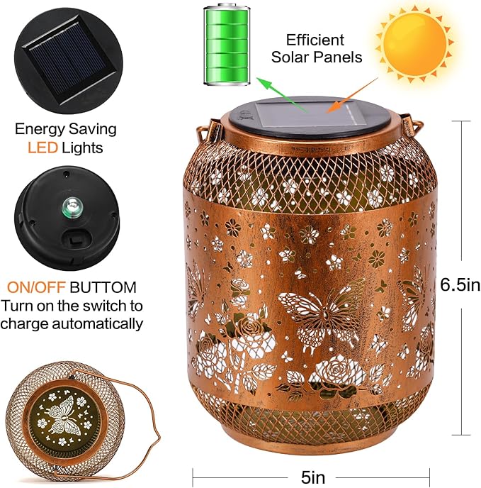 Butterfly Solar Lanterns Outdoor Waterproof Rose Garden Decor Gifts for Women Mom Grandma Hanging Solar Lights Metal Lantern Decoration Outside for Yard, Patio, Backyard, Porch