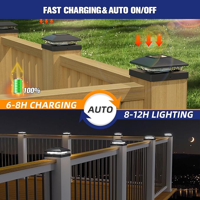 APONUO Solar Post Cap Lights for 4x4 Wood & Vinyl Posts, IP44 Waterproof Cool White LED 4x4 Post Solar Lights, Outdoor Garden Patio Yard Decor, 6 Pack (Black)