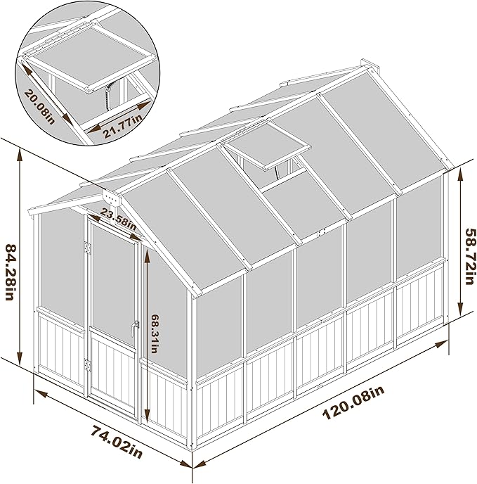 6x10 FT Greenhouse Kit for Outdoor, Thickened Polycarbonate Panel Wooden Walk-in Green House with Lockable Door and Adjustable Roof Vent, Backyard Garden, Black