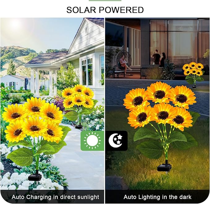 4 Pack Solar Sunflower Garden Lights 24 Vibrant Sunflowers LED Outdoor Decorative Stake Lights for Yard, Patio, Lawn, Pathway, IP65 Waterproof, Gardening Gift for Mom, Grandma, and Friends