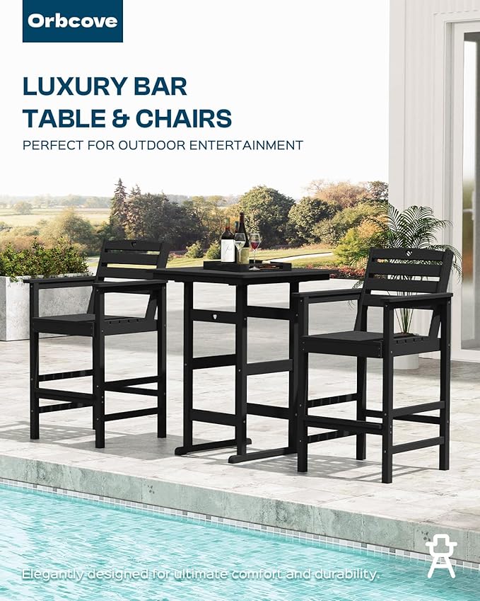 5-Piece Bar Height Outdoor Table and Chairs Set, HDPE Wood Grain Patio Bar Table and Chairs with Heart Cutout Design, Weather-Resistant Bar Height Furniture for Deck, Porch, Pool (Black)
