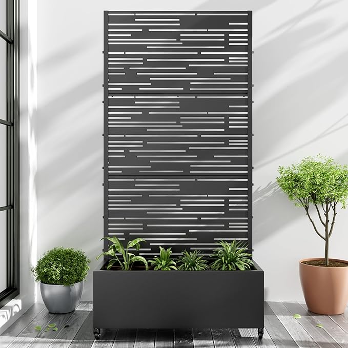 Casaphoria Metal Raised Garden Bed with Trellis and Wheels, 72"x35"x16" Planter Box for Climbing Plants, Vegetables & Vines, Features Drainage Holes and Privacy Screen (Black-Shine)