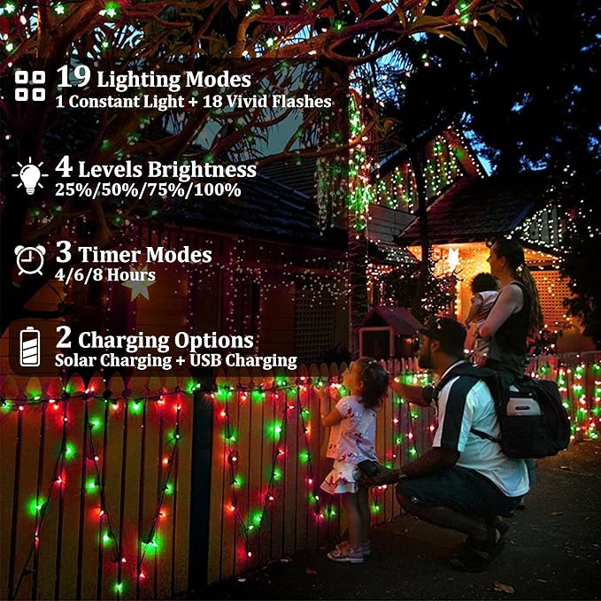 2-Pack 200FT Solar String Lights for Outside, 600 LED Extra-Bright Solar Light Outdoor with 19 Modes & Timer, Waterproof Fairy Solar Lights for Garden Patio Tree Christmas Decorations Red & Green