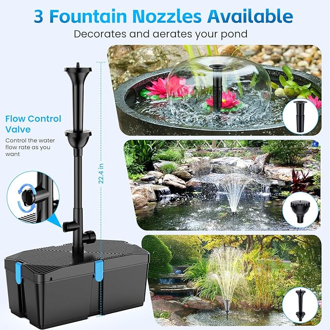 Pond Filter with Fountain Pump Kits, 660GPH Pond Pump and Filter Kit with 50W Submersible Water Pump, Pond Filters for Outdoor Ponds Clean Koi Pond Filter