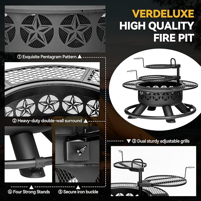 47 Inch Outdoor Fire Pit with 2 Grills, Extra Large BBQ Firepits for Outside, Metal Round Fire pits with Lid&Fire Poker,3 in 1 Wood Burning Outdoor Fireplaces for Backyard,Patio,Bonfire