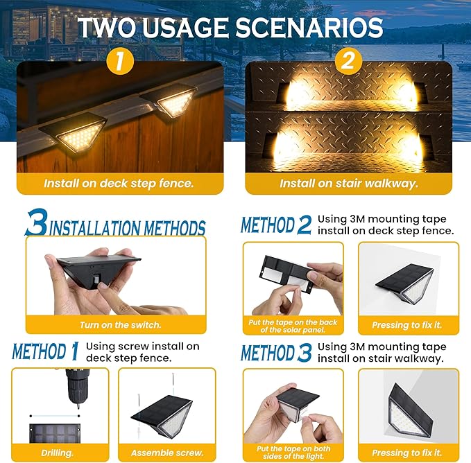 SOLPEX Solar Step Lights for Outside, 24 LEDs Solar Stair Lights Outdoor Waterproof Decor for Porch, Front Door, Stair, Step, Deck, Fence, Balcony, Patio, Wall, Yard, Garden(12 Pack, Warm White)