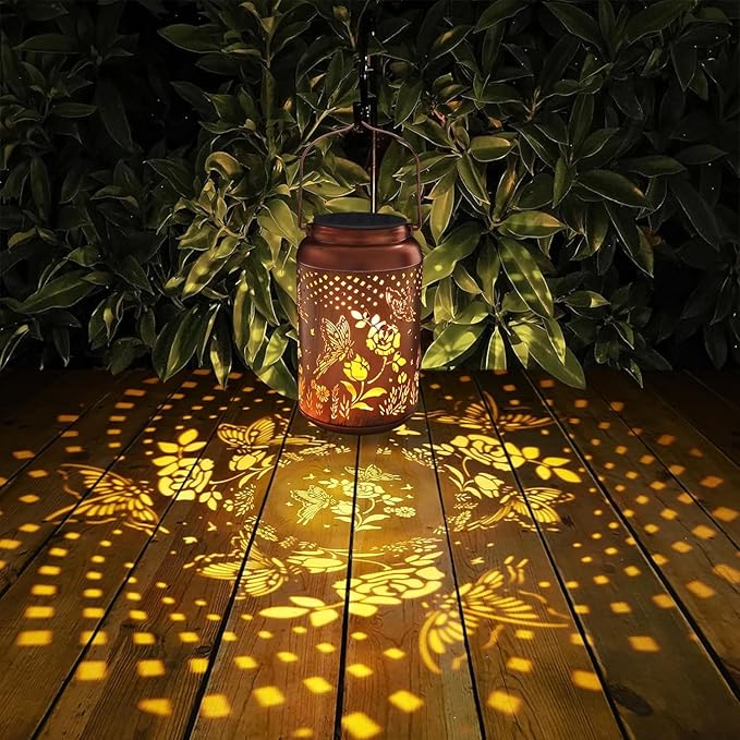 2 Pack Solar Lanterns Outdoor Waterproof, Butterfly Rose Garden Decor Birthday Gifts for Women Mom Grandma Hanging Solar Lights Metal Solar Decoration Outside for Yard, Patio, Lawn, Pathway