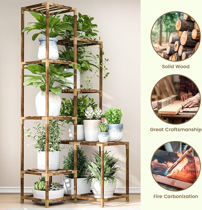 HOMKIRT Tall Corner Plant Stand with Grow Lights, Plant Shelf Indoor for Multiple Plants, Wood Plant Ladder Rack Holder Display Flower Stand for Living Room Balcony