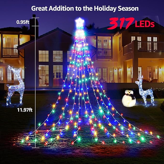BlcTec Outdoor Christmas Decorations with Remote, 317 LED Color Changing Christmas Lights with 9 Strands 11.9ft Waterfall Lights, 11 Modes, Waterproof & Timer for Xmas Décor, Multicolor & Warm White