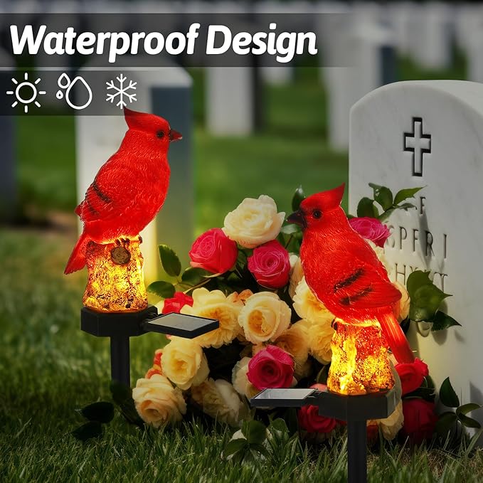 2 Pack Cardinal Solar Lights Cardinal Outdoor Decor Red Bird Solar Light Bird Figurine Garden Stake for Pathway Garden Lawn Yard Cemetery Decoration