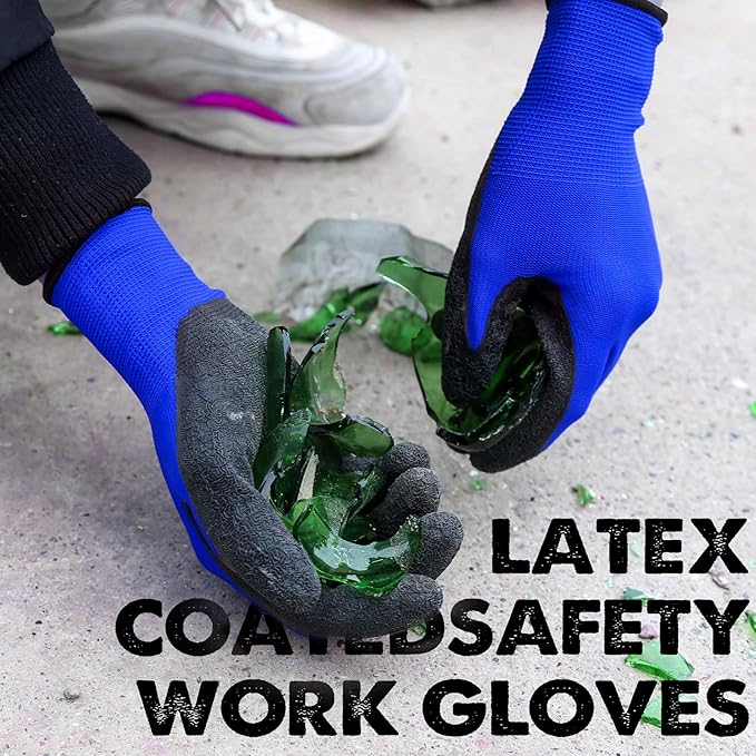 Evridwear Crinkle Latex Rubber Hand Coated Safety Work Gloves for Men Women General Multi Use Construction Warehouse Gardening Assembly Landscaping (Medium,Blue- 12Pair)