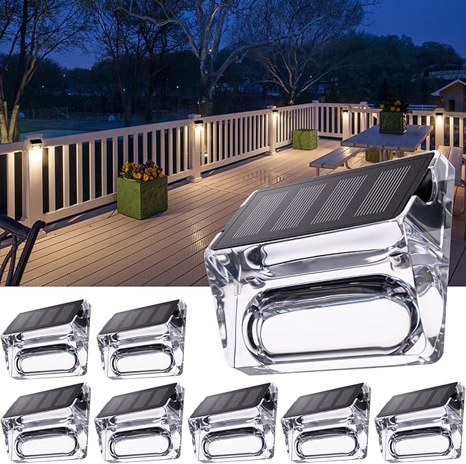Solar Outdoor Lights, 8 Pack Solar Fence Deck Lights, Waterproof Outside Lighting for Step Railing Wall Pool Stair Yard Garden Patio Pool Decorations (Warm White)