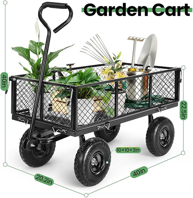 Homdox MAX 880LB Garden Cart, Heavy Duty Garden Wagon, Mesh Foldable Garden Cart, Pullable Gardens Wagon with 180° Rotating Handle, Collapsible Garden Carts for Yard Beach Farm, Black with Bag
