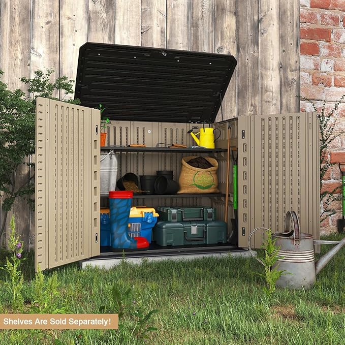 KINYING Outdoor Storage Shed - Horizontal Storage Cabinet Waterproof for Garden, Patio, Backyard, Storage Box for Easy Storage of Garbage Cans, Tools, Lawn Mower, 35 Cubic Feet,Dark Brown