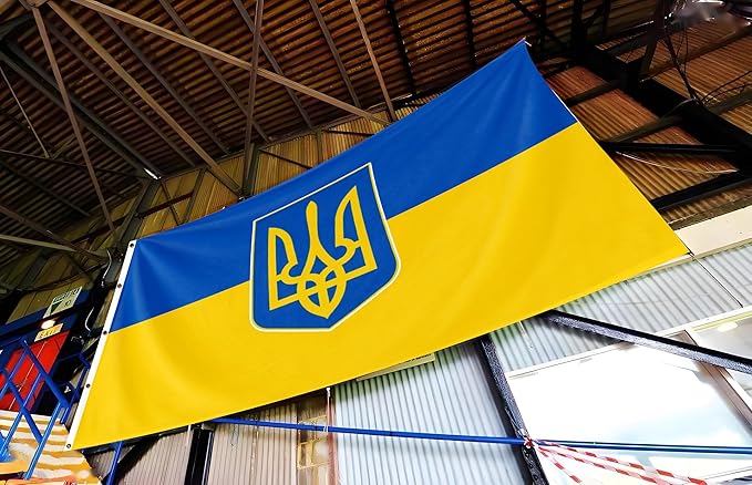 Ukraine Trident Extra Large Flag 12x18FT Giant Ukrainian Coat of Arms National Polyester Banner With 5 Grommets Fade Resistant Vivid Color For Patriotic Festival Events Party Decoration