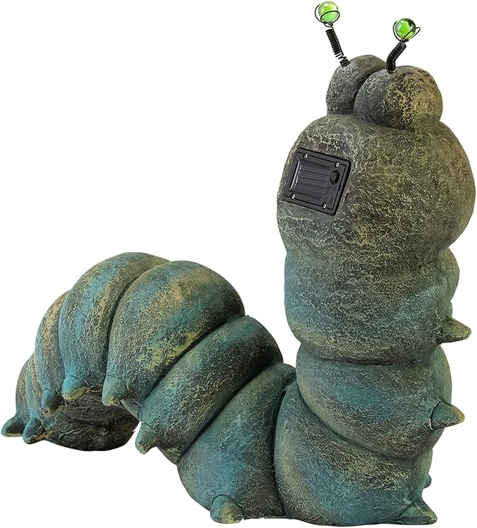Alpine Corporation FCC121SLR Outdoor Solar Powered Garden Caterpillar Statue with LED Lights, LED Solar Garden Décor, 16"