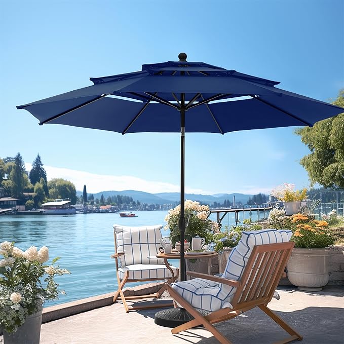 PHI VILLA 10ft Outdoor Patio Umbrellas for Outside, 3 Tier Vented Market Table Umbrella Windproof for Backyard, Deck, Garden, 1.5" Pole, Dark Blue（No Base）