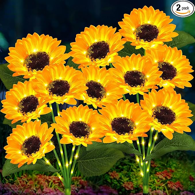 2 Pack with 12 Solar Sunflower Garden Lights Warm White LED Outdoor Decorative Stake Lights for Yard, Patio, Lawn, Pathway, IP65 Waterproof, Ideal Gift for Women, Mom, Grandma, Friends