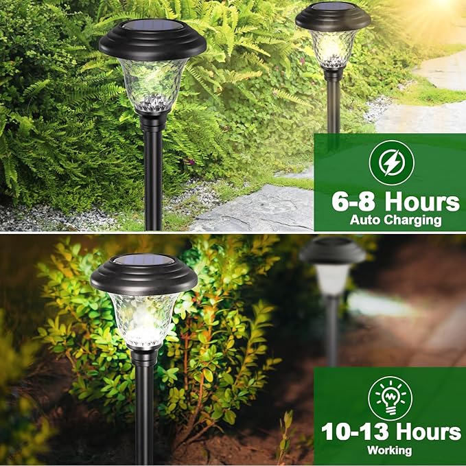 Beau Jardin 8 Pack Solar Pathway Lights Outdoor Metal Solar Powered Lights Waterproof Glass High Lumen for Garden Landscape Path Yard Walkway Patio Driveway Outside Colored Color Changing White Black