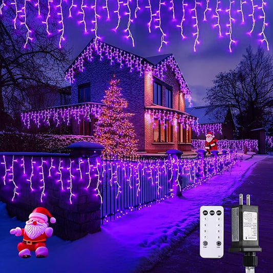 JMEXSUSS Purple Christmas Icicle Lights, 38.8 FT 400 LED Purple Icicle Lights Outdoor Waterproof, 8 Modes Purple Christmas Lights with 80 Drops Plug in for House Christmas Party Decorations