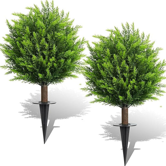 26.5" Artificial Cedar Topiary Ball Trees, Set of 2 UV Resistant Fake Evergreen Trees Shrubs Bushes Artificial Plants with Ground Spike Faux Cypress Plants for Indoor Outdoor Front Porch Garden