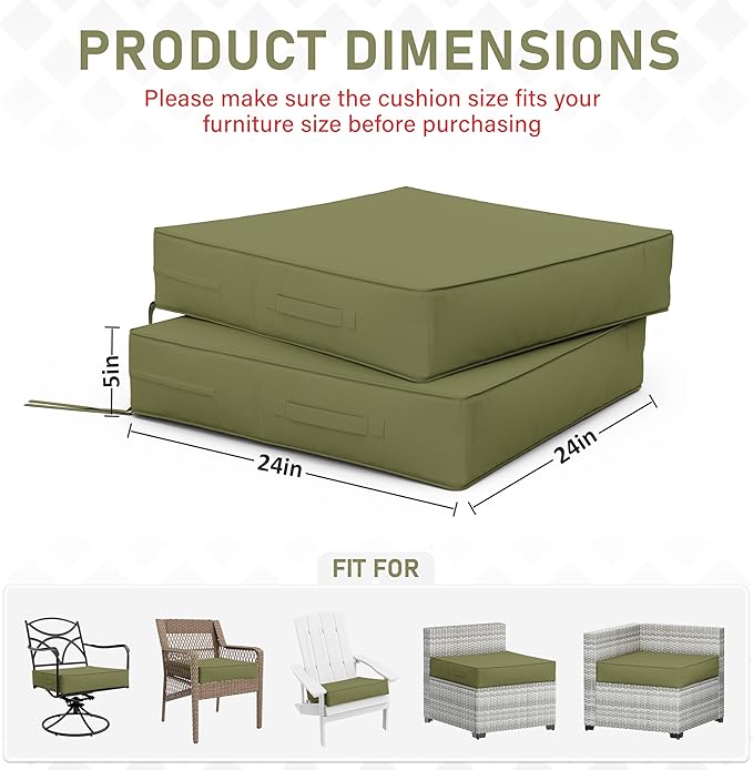 Patio Chair Cushions 24 X 24 X 5 Inch Waterproof Outdoor Seat Cushions for Patio Furniture, Outdoor Sofa Couch Pads with Ties & Handle, Set of 2, Light Green