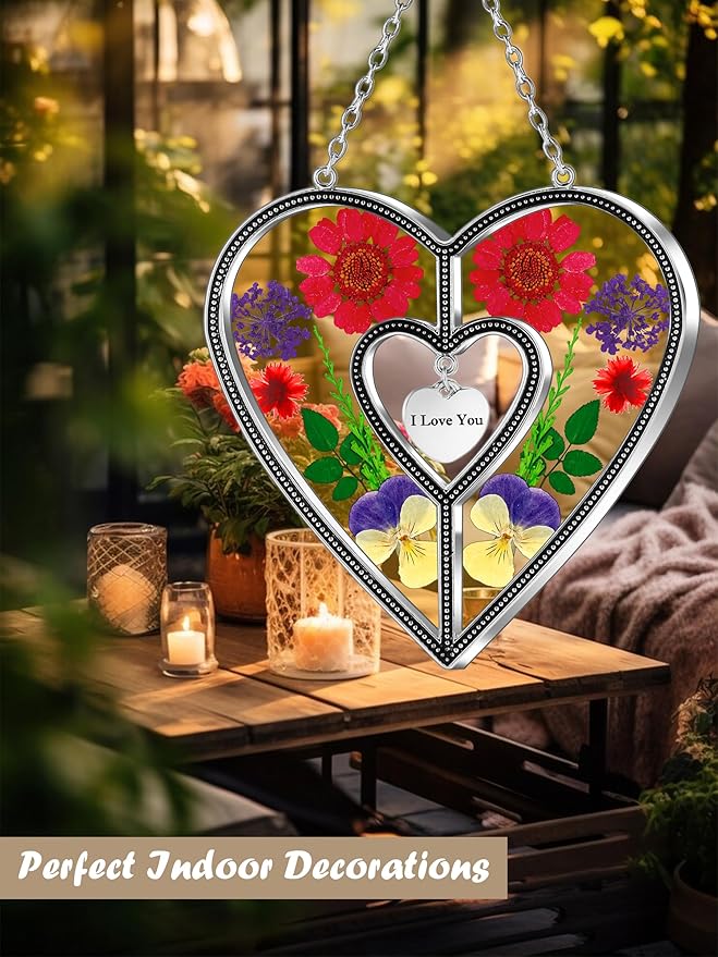 KY&BOSAM Heart Suncatchers I Love You Stained Glass Hangings for Windows Suncatcher Birthday Gifts for Women Mothers Valentine`s Day Real Flower Glass & Metal Maker for Christmas Party Home Decor