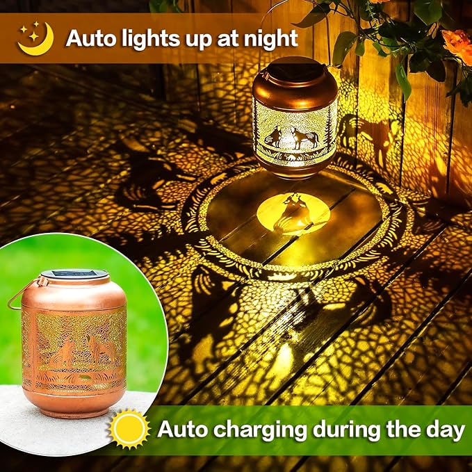 2 Pack Wolf Solar Lanterns Outdoor Waterproof Hanging Solar Lights Wolf Gifts for Women Men Mom Metal Decorative LED Outdoor Lanterns for Patio, Lawn, Landscape, Garden Decor, Yard Decorations