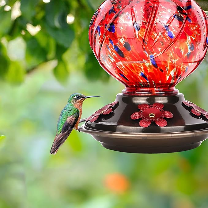 BOLITE Hummingbird Feeder, Hand Blown Glass Hummingbird Feeders for Outdoors Hanging, with Ant Moat and 5 Feeding Ports, 22 Ounces, Peony Flower Shape, Red, Gifts for Women Men, Gifts for Mom Dad