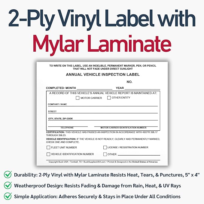 25 Pack 3-Ply Carbonless Annual Vehicle Inspection Report Forms with FMCSA Red Aluminum Labels & White Mylar Laminate Vinyl Labels, DOT Inspection Forms and Stickers, Shrink-Wrapped, 8.5" x 11.75"
