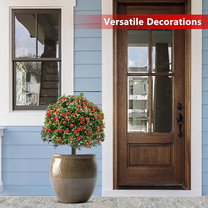 28" Artificial Boxwood Topiary Tree with Rose, Set of 2 Artificial Shrub Bushes with Ground Spike, Fake Evergreen Tree for Porch, Artificial Plants for Outdoor Planters Indoor UV Resistant