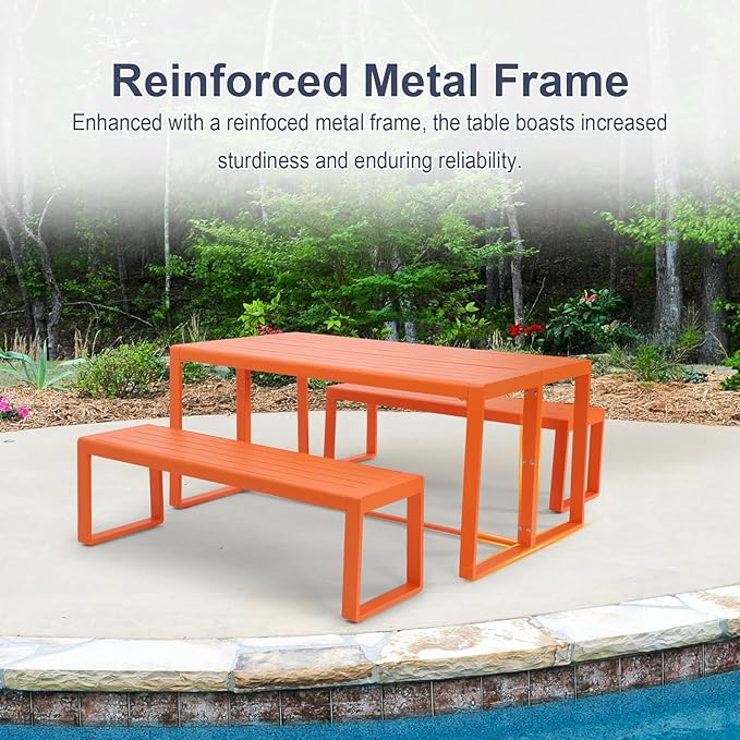 Aoodor 3-Piece Outdoor Patio Dining Set, Aluminum Furniture Set with 1 Rectangular Picnic Table and 2 Benches for Garden, Lawn, Yard