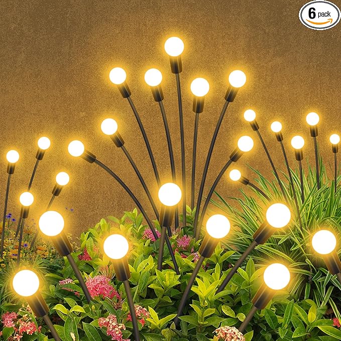 Solar Garden Lights Outdoor Waterproof, 6 Pack 48 LED Decorative Swaying Lights, Solar Firefly Light Outdoor Decor for Garden Gifts for Pathway Party Christmas, Warm White