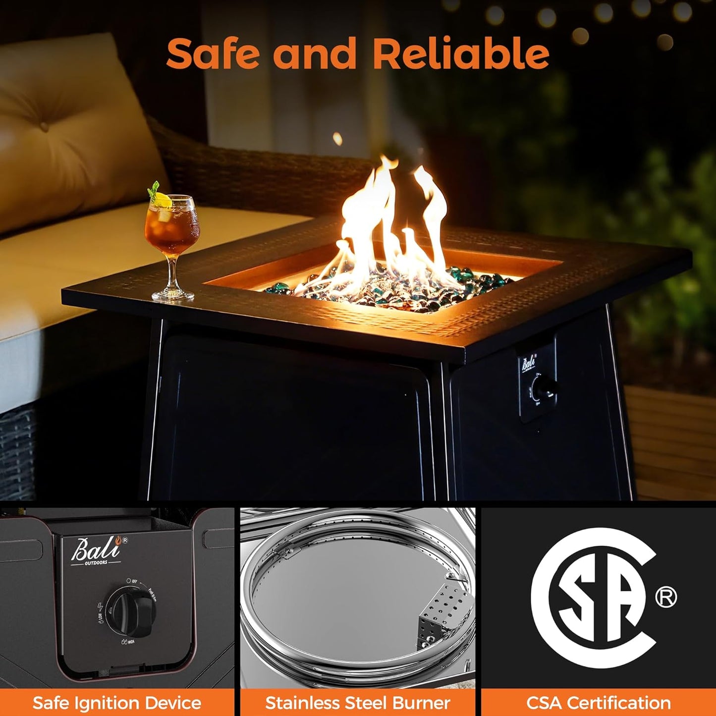 BALI OUTDOORS Gas FirePit Table, 28 inch 50,000 BTU Square Outdoor Propane Fire Pit Table with Lid and Blue Fire Glass