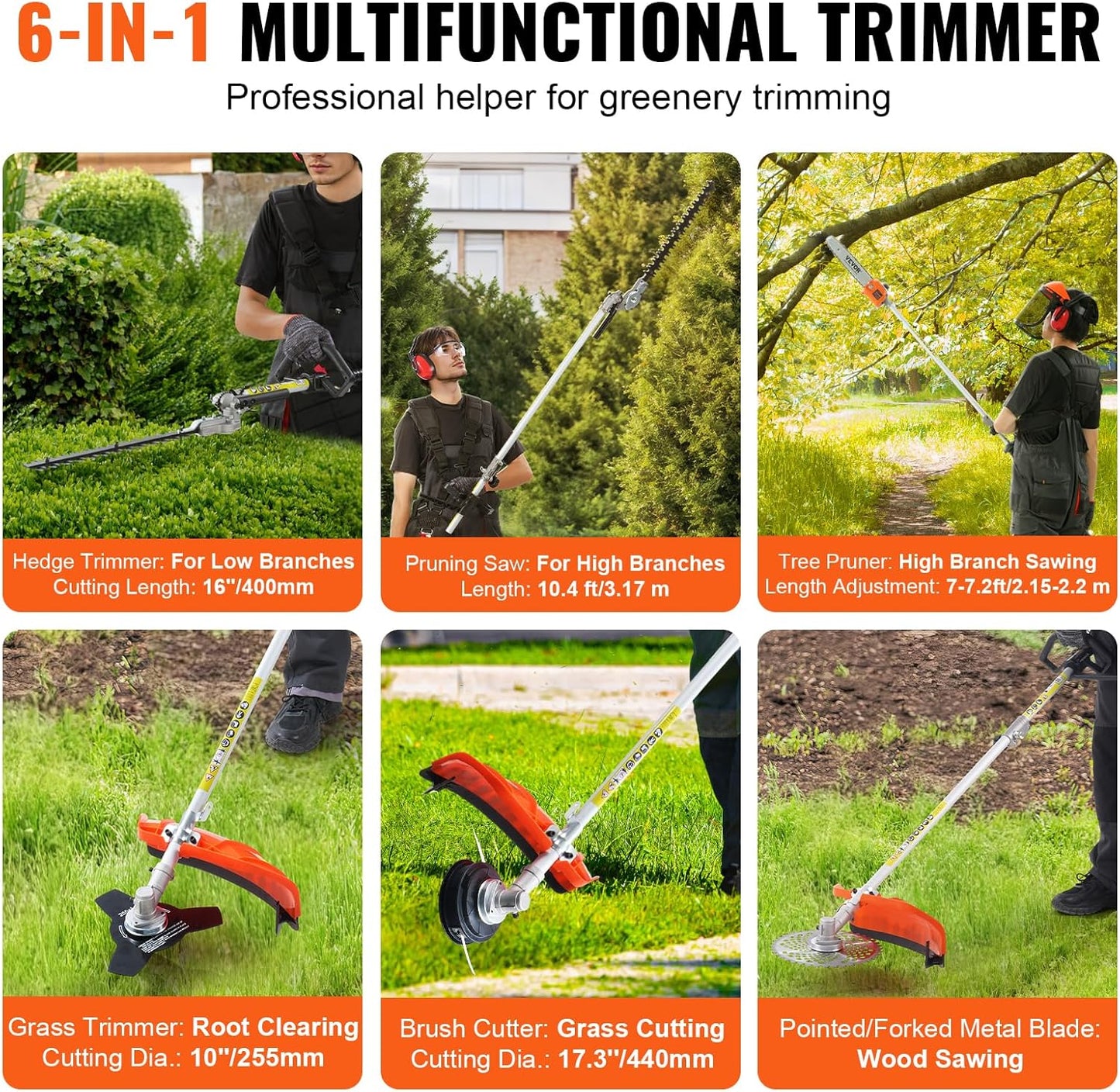 VEVOR 33CC 5-in-1 Multi-Functional Trimming Tools, Gas Hedge Trimmer, Weed Eater, String Trimmer, Brush Cutter, Edger, Pole Saw Chainsaw Pruner with Extension Pole