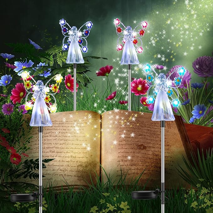 4 Pieces Solar Angel Stake Lights, Multicolor Angel LED Garden Decorations, Multicolor Garden Outdoor Solar Lights, Cemetery Decorations for Grave Yard, Memory Sympathy Gifts Favor