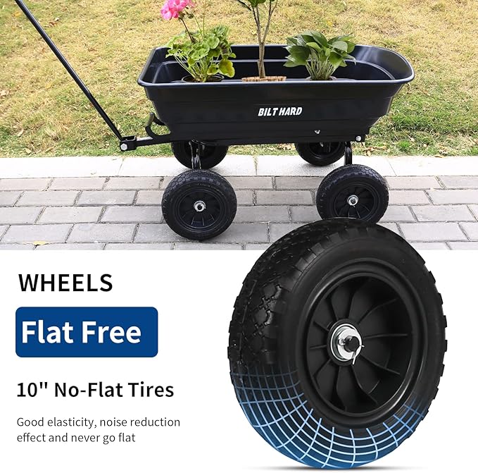 BILT HARD 4 Cu.Ft. 10" No-Flat Tires Poly Yard Dump Cart with 180° Rotating Handle, 600 lbs Capacity Heavy Duty Garden Carts and Wagons