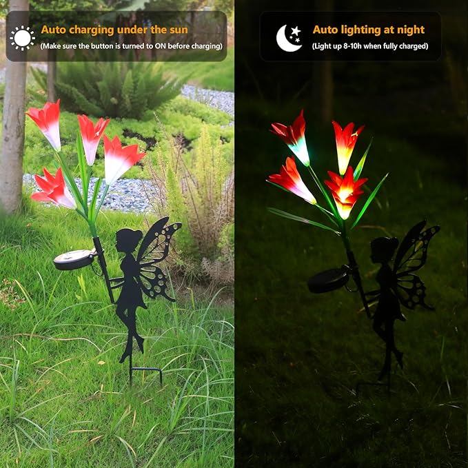 2 Pack Solar Lights Outdoor Waterproof, Outdoor Fairy Solar Lights for Yard with Flower Lights, Color Changing Solar Garden Lights, Solar Fairy Garden Decor for Patio, Lily Flower Light Gifts for Mom