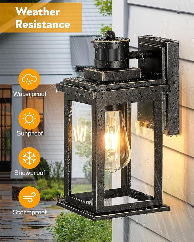 VIANIS Motion Sensor Porch Light, Black Outdoor House Lights Dusk to Dawn, Waterproof Outdoor Light Fixtures Lantern for Garage, Porch, House, Patio, Doorway,Weather Resistant,Hardwired, Non-Solar