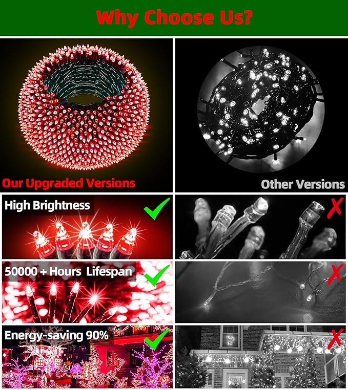 1500 LED 492FT Christmas Lights With Timer Memory - Green Wire String Lights for Indoor Outdoor Decorations, Christmas Tree, Party, Xmas, Wedding, Garden, Patio - Red