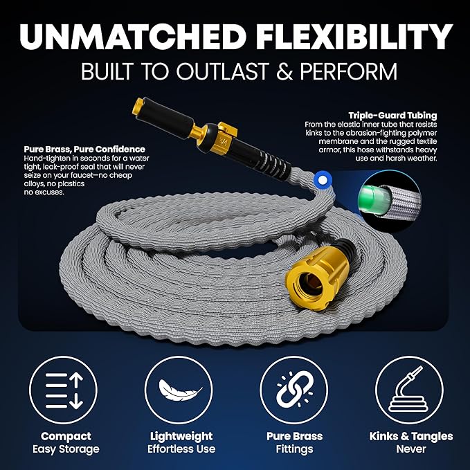 TITAN Flexible Garden Hose 65FT – Ultra Lightweight, Heavy Duty Water Hose with Brass Fittings & Jet Nozzle – Kink-Free, Non-Expanding, Durable Fabric Hose for Yard, Lawn, Car Wash, Outdoor Use