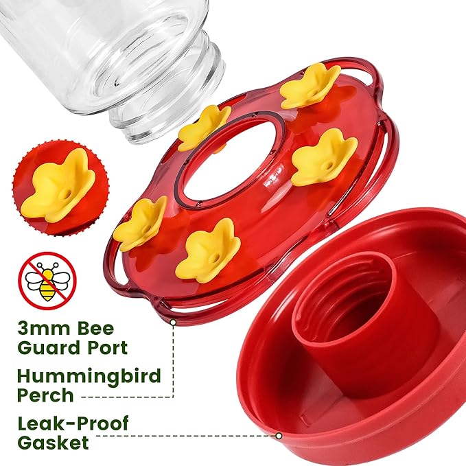 Plastic Hummingbird Feeders for Outdoors Hanging Ant and Bee Proof, 1 Pack 15 Ounces Red Hummingbird Feeder with 5 Feeding Ports and Perches, Built-in Ant Moat, Outside Garden Décor (Plastic, 1)