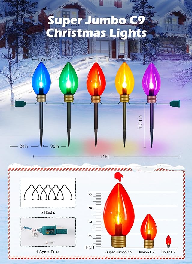 Super C9 11 Feet 5 Multicolor Jumbo C9 Pathway Lights - Colored Bulb Outdoor Christmas Light Decorations for Lawn Holiday Yard