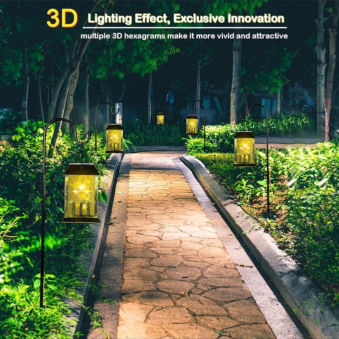 Solar Lanterns Outdoor Waterproof, 3D Star Light with Flashing Mode, Solar & USB C Charging, Metal Hanging Lantern for Wall Landscape Yard Patio Driveway Garden Decor, Warm Light 2 Pack