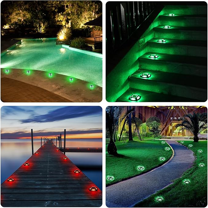 AGPTEK Solar Driveway Lights Outdoor 12 Pack, 2 Color Modes LED Deck Dock Marine Waterproof Security Marker Lights for Step Sidewalk Stair Garden Pathway Walkway Yard(Green/Red)