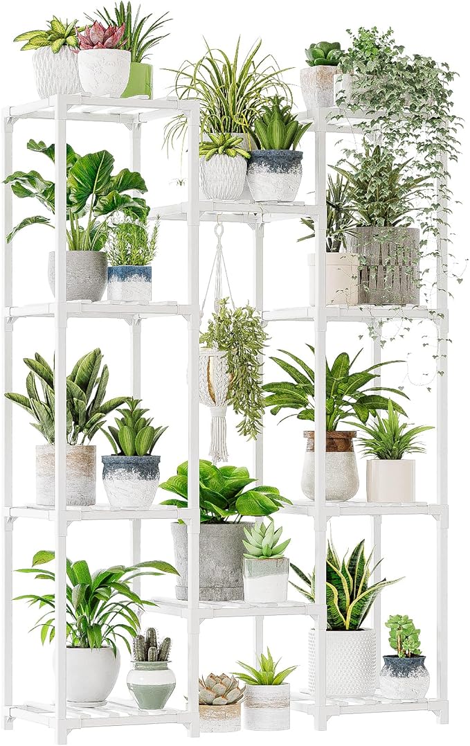 Bamworld White Plant Stand Indoor Plant Shelf Outdoor Wood Plant Rack for Multiple Plants 3 Tiers Ladder Plant Holder for 7 Plant Pots for Living Room Boho Home Decor for Gardening