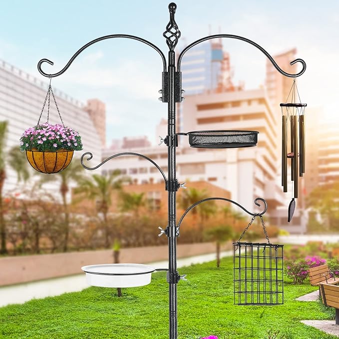Bird Feeder Pole Wild Bird Feeder Hanging Kit Planter, 83 Inch Bird Feeding Station Kit with 5 Prongs Base Hummingbird Feeder Stand Hook for Outside