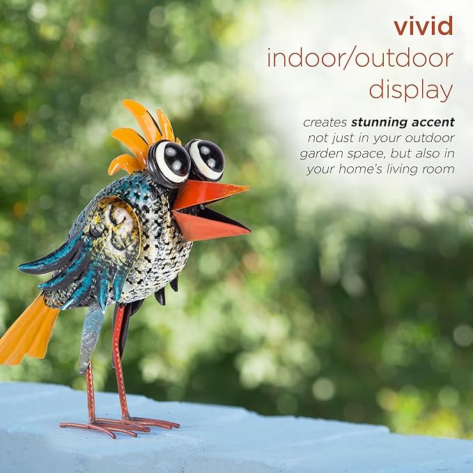 Alpine Corporation 11" Tall Outdoor Metal Wide-Eyed Bird Standing Yard Statue Decoration, Multicolor