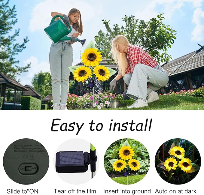 Solar Garden Lights, 4 Pack Sunflower Outdoor Lights Solar Flower Lights for Outside with 12 Larger Sunflower Gardening Gift for Mom Women Decorative Lights for Garden Decor Yard Patio Lawn Pathway