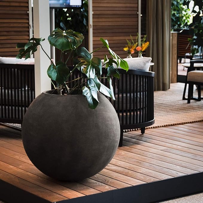 Orbo Globe Sphere Planter – Grey Stone Finish – Fiberglass Indoor/Outdoor and Weather-Resistant Round Planter (23.6" D x 21.1" H Exterior, 23.2" D x 20.5" H Interior)
